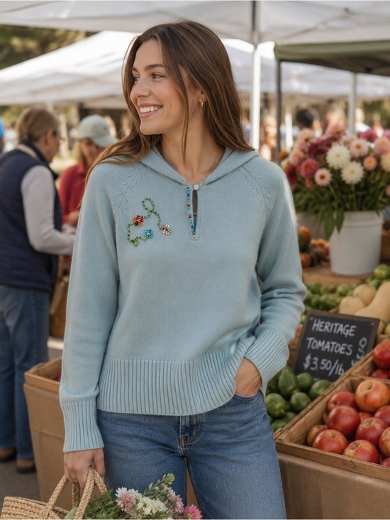 Ann Taylor Sweaters - Ann Taylor 100% Cashmere Beaded Floral Hoodie Sweater Y2K Cottagecore S M